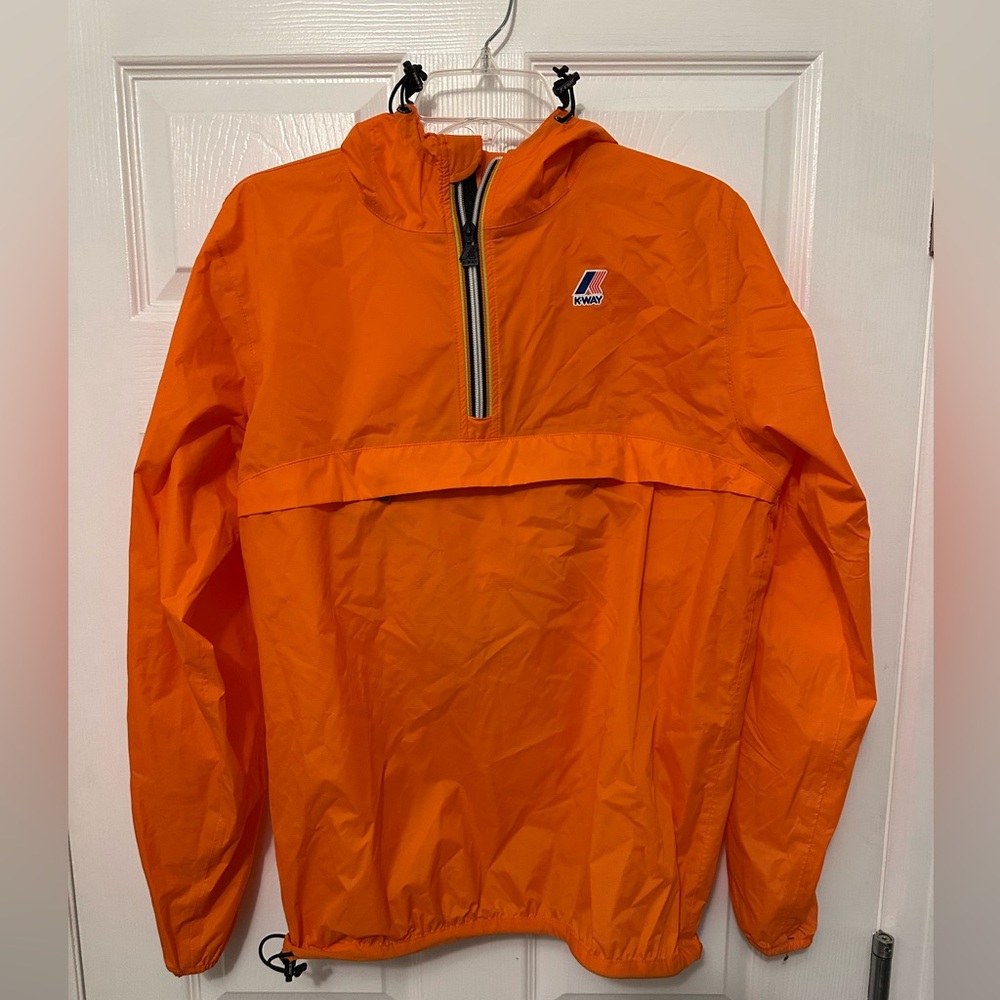 K-Way Rain Coat jacket Quarter Zip pullover Kangaroo Pocket Orange men’s medium
